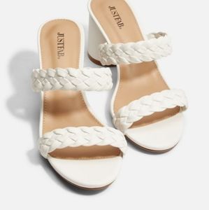 White two strap mule round heel